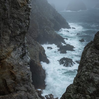 Strong waves hitting the costline of Bretagne during a moody day